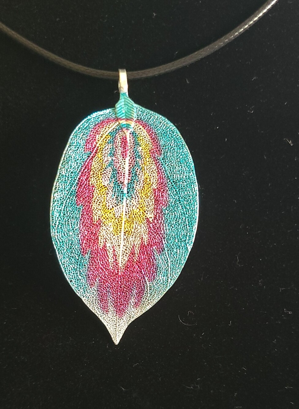 Teal, Pink & Yellow Feather Leaf Pendant Necklace